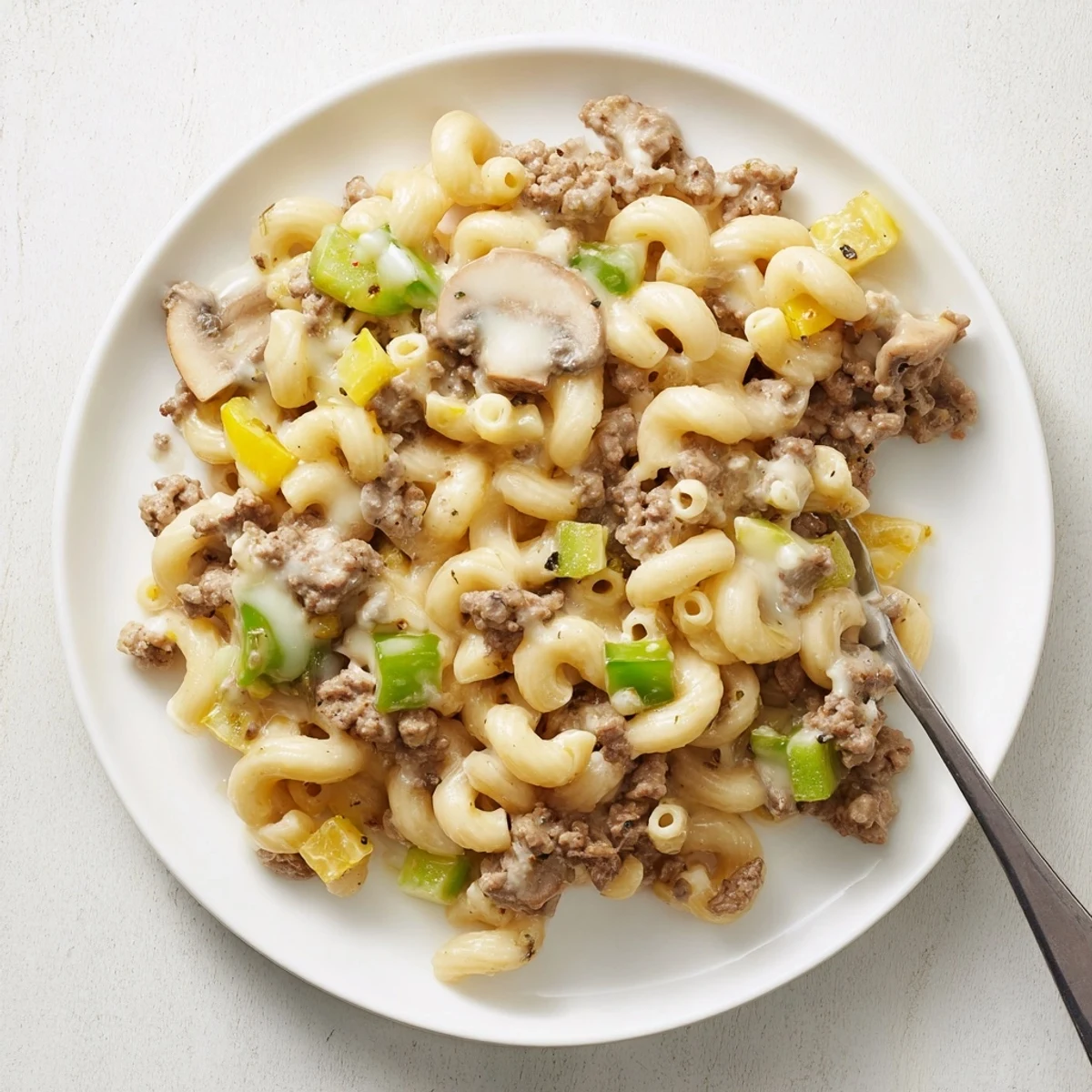 Sizzling ground beef and sautéed bell peppers mix with creamy macaroni in this hearty skillet meal.