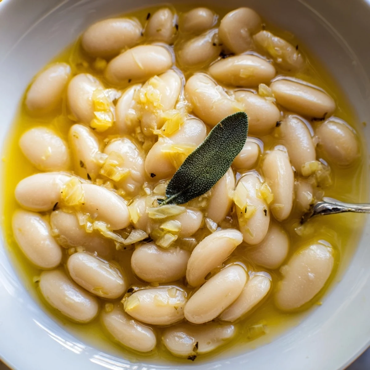 A warm bowl of Tuscan White Beans with creamy cannellini, fragrant rosemary, and a generous drizzle of olive oil.