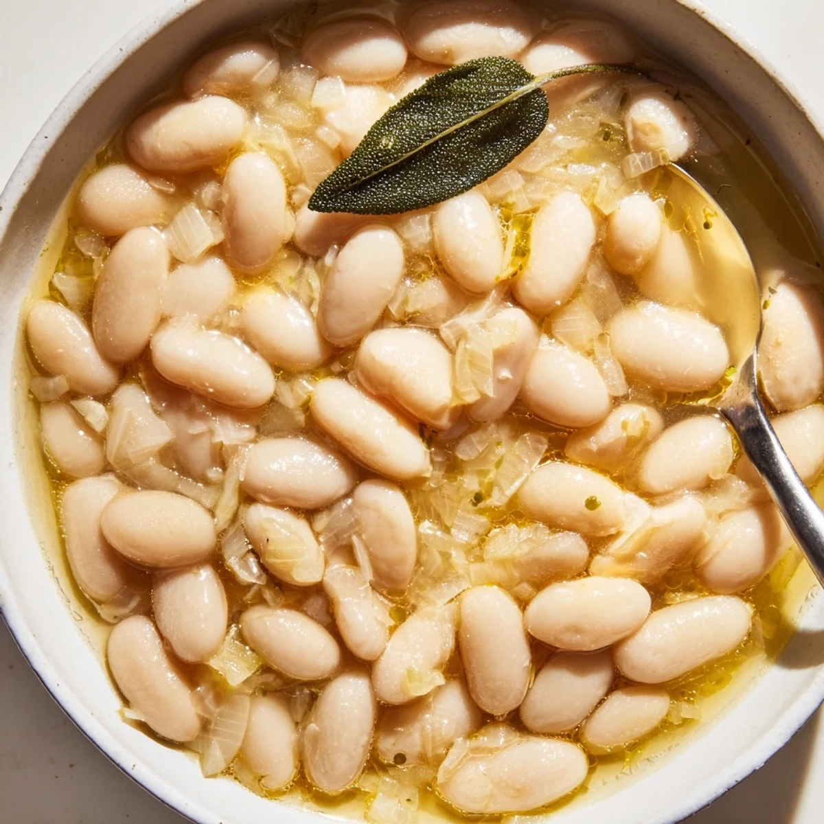 Serving suggestion for Tuscan White Beans on crusty bread with fresh sage and a sprinkle of black pepper.