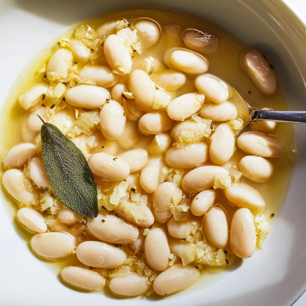 Close-up of Tuscan White Beans simmering in a pot with garlic, onion, and herbs, ready to be served.