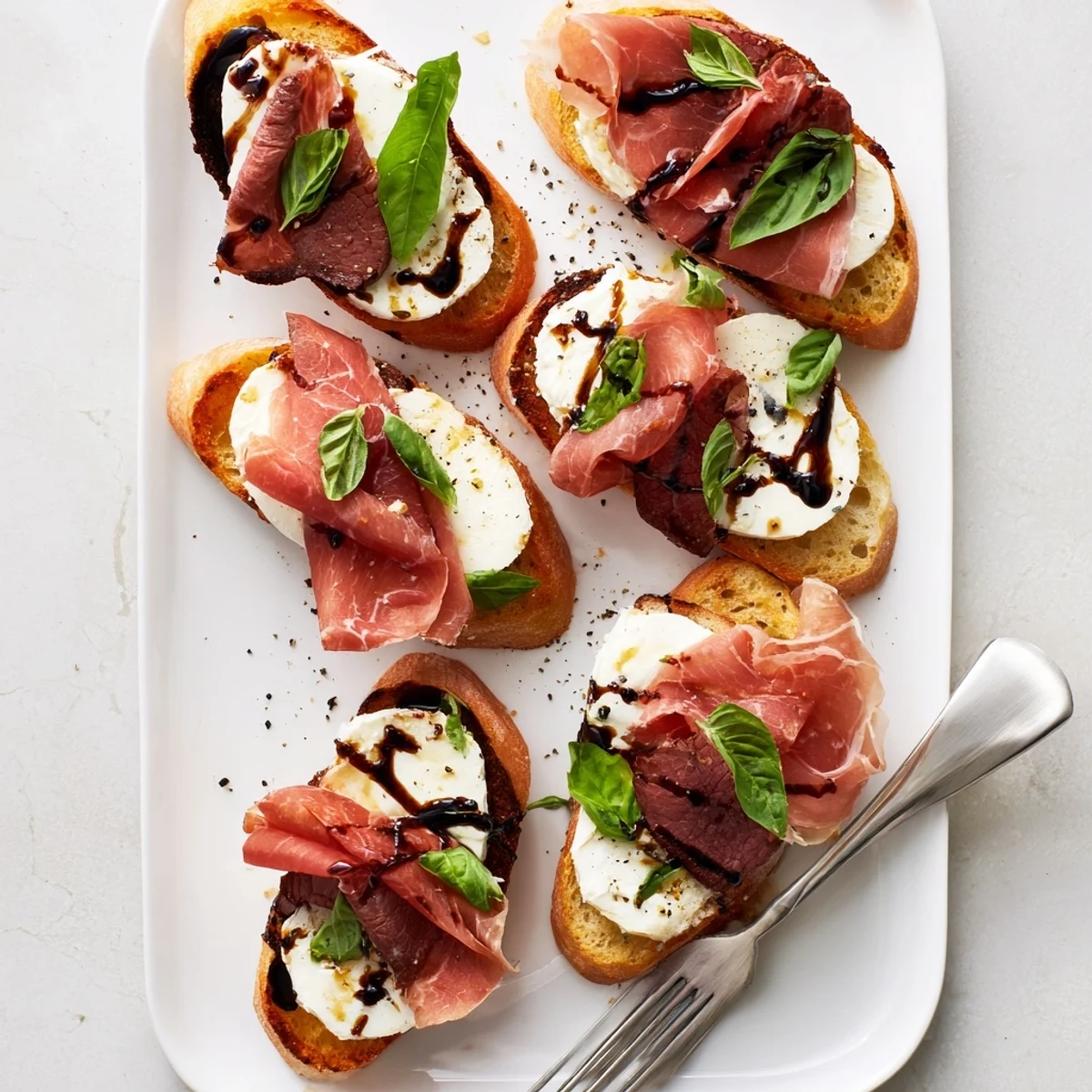 Mozzarella Beef Prosciutto Crostini arranged on a platter with prosciutto, fresh basil, and balsamic glaze drizzle.