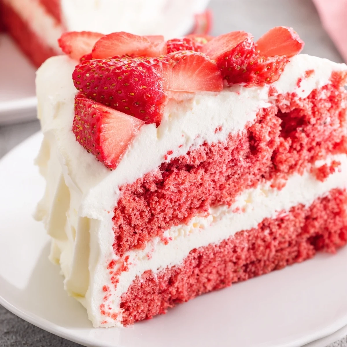 A freshly frosted Strawberry Velvet Cake with creamy cream cheese icing and a rich pink strawberry purée filling visible.