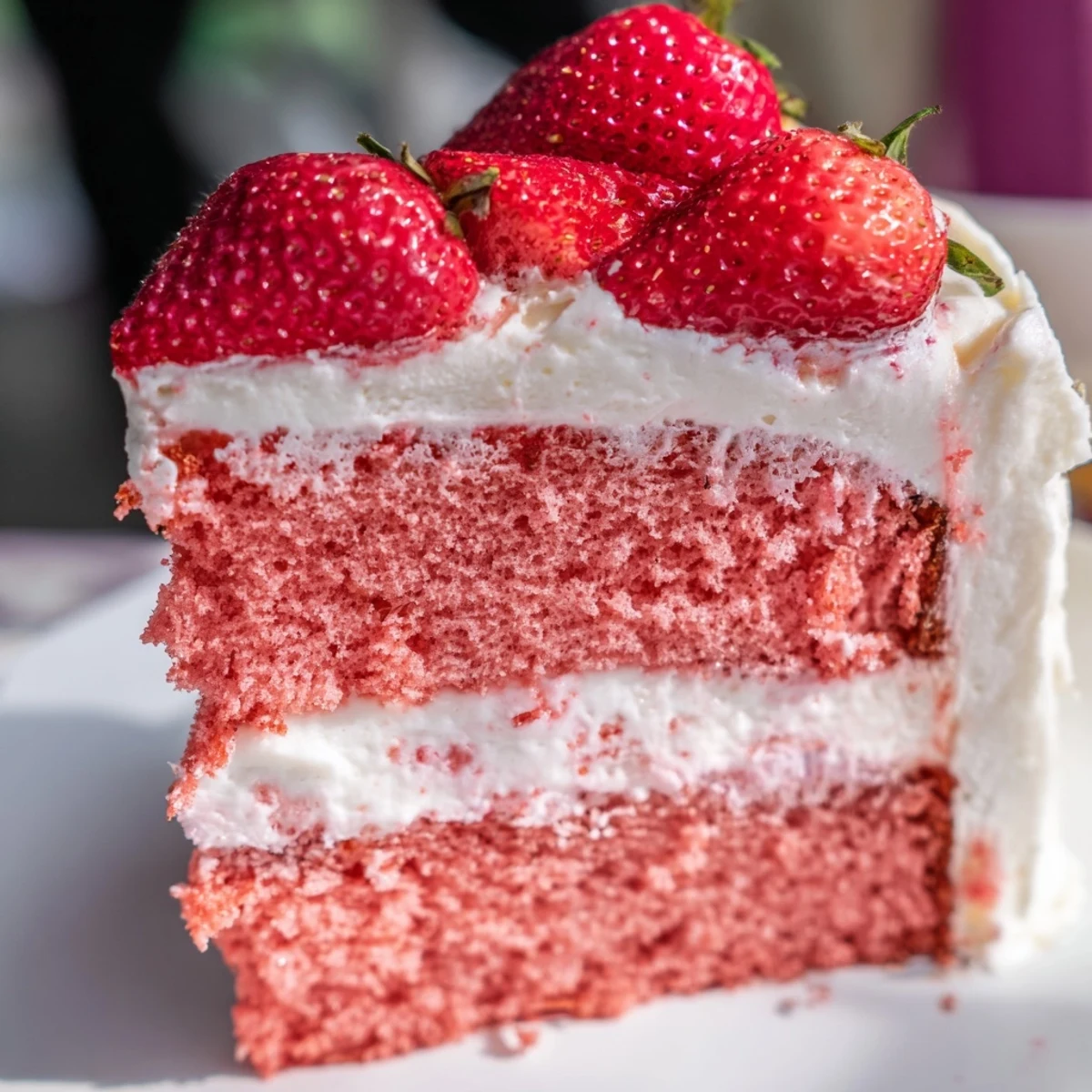 Homemade Strawberry Velvet Cake layers with smooth frosting and fresh strawberries, perfect for spring celebrations and parties.
