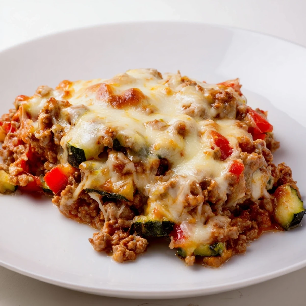 A golden-brown Easy Ground Turkey Zucchini Casserole with melted mozzarella and Parmesan cheese bubbling over the top, served hot from the oven.