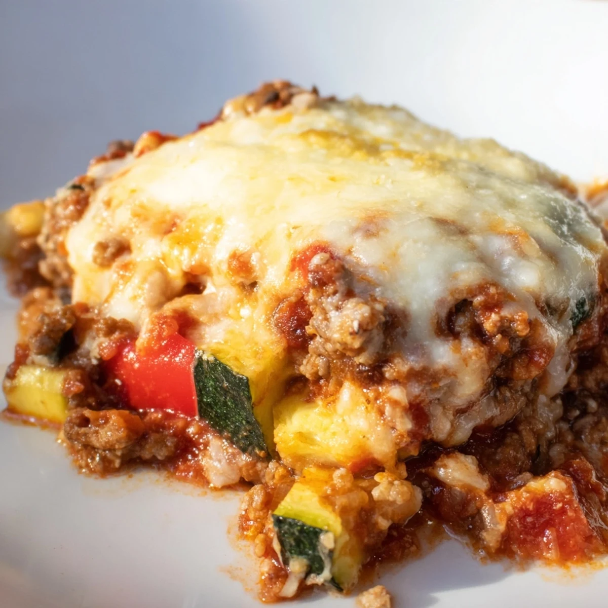 A close-up view of an Easy Ground Turkey Zucchini Casserole with a crispy, golden cheese crust, ideal for a cozy weeknight dinner.