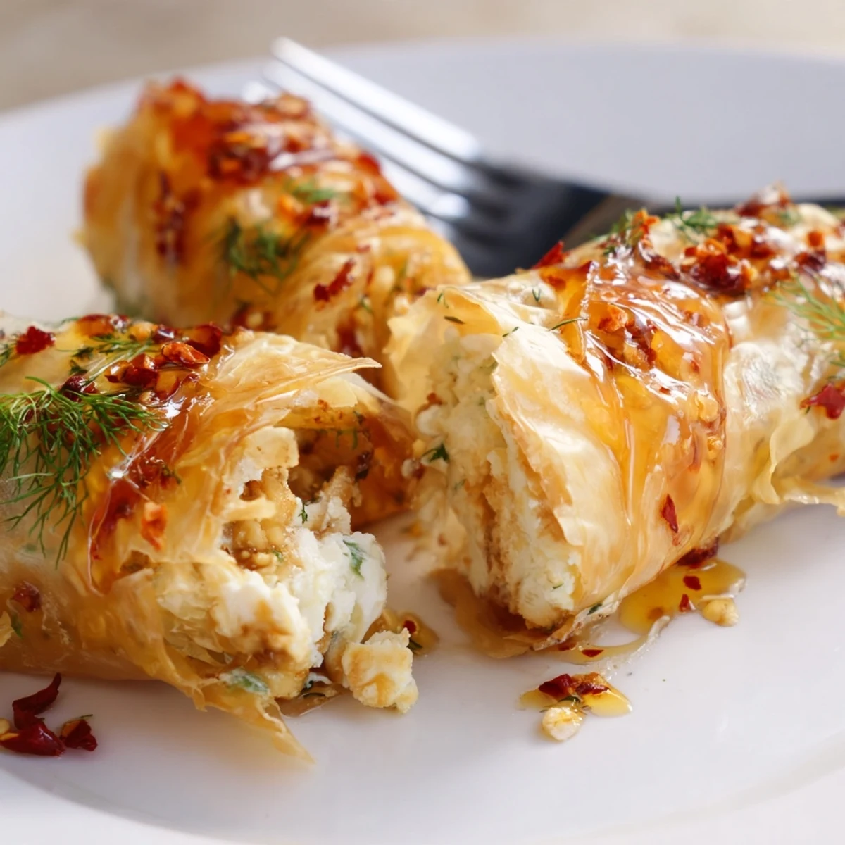 Golden-baked Oven Fried Feta Rolls with Spicy Chili Honey are arranged on a rustic plate, showcasing crispy phyllo layers and a glossy red drizzle.