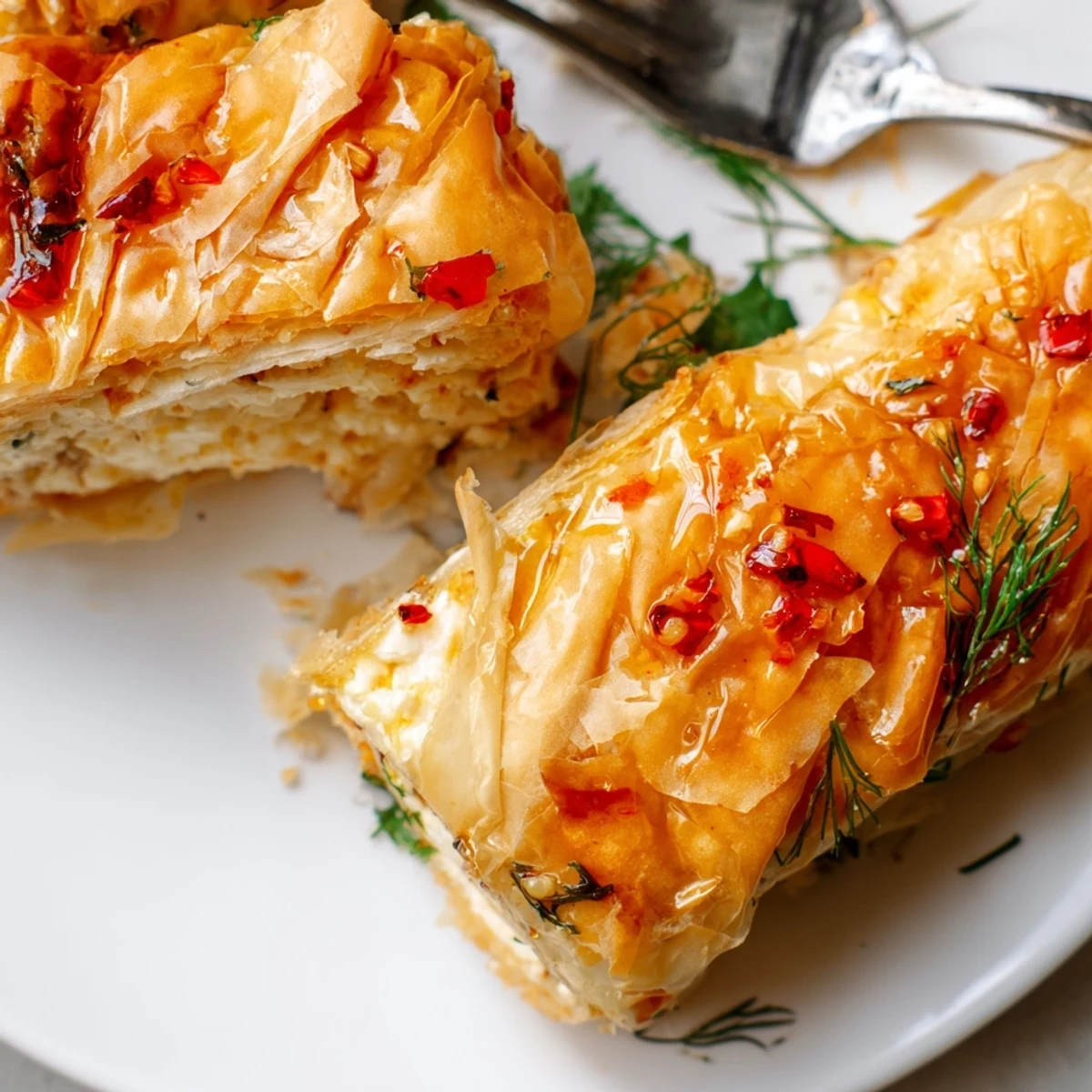 Serving platter of Oven Fried Feta Rolls with Spicy Chili Honey, garnished with fresh dill, offers a warm Mediterranean-inspired appetizer for a crowd.