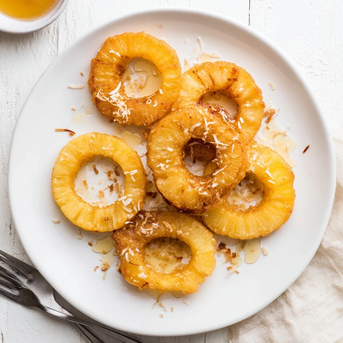 Crisp Fried Pineapple with a caramelized edge and a hint of cinnamon, plated next to creamy vanilla ice cream.