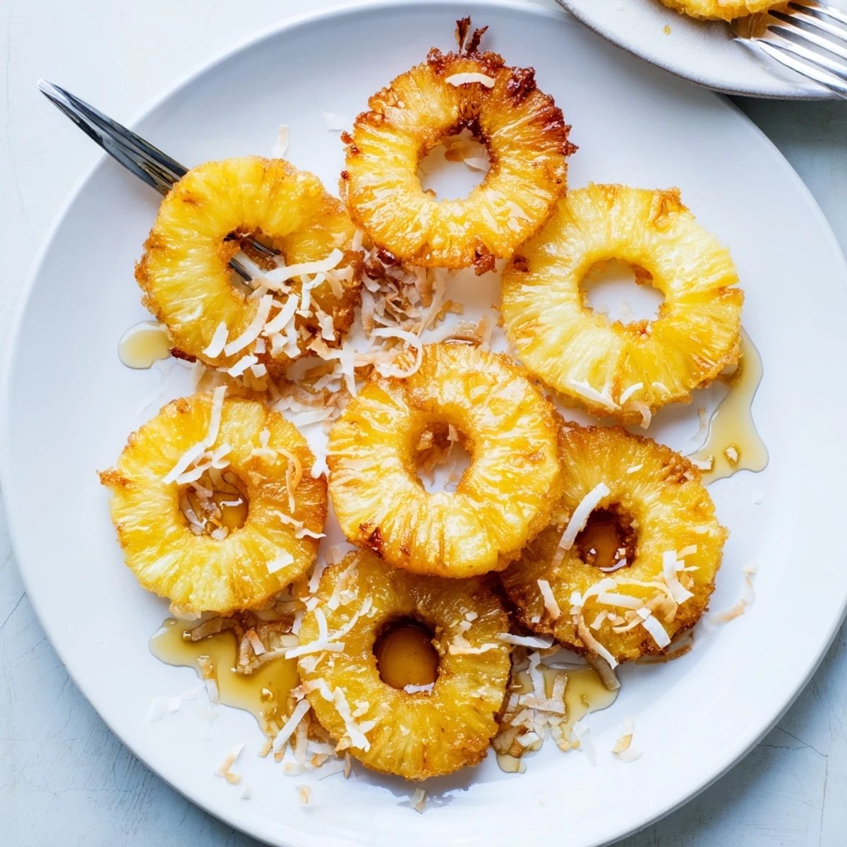 Golden Fried Pineapple rings served warm with toasted coconut flakes and a drizzle of honey for a sweet tropical treat.