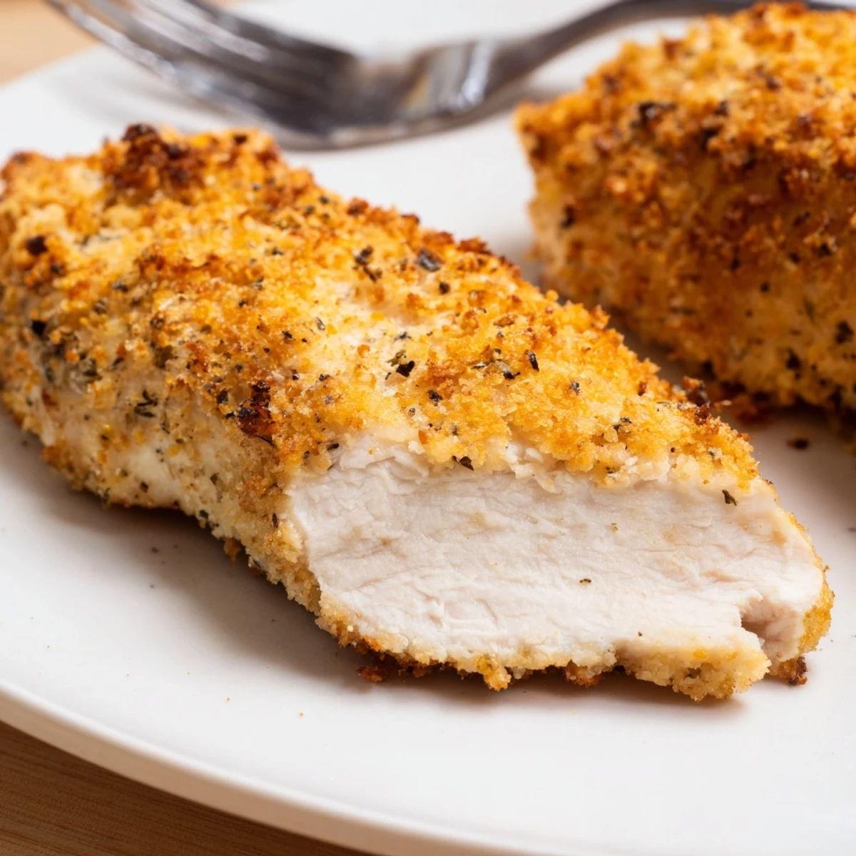 A close-up view of Baked Garlic Parmesan Chicken reveals a tender, juicy interior and a savory garlic-Parmesan crust baked to golden perfection.