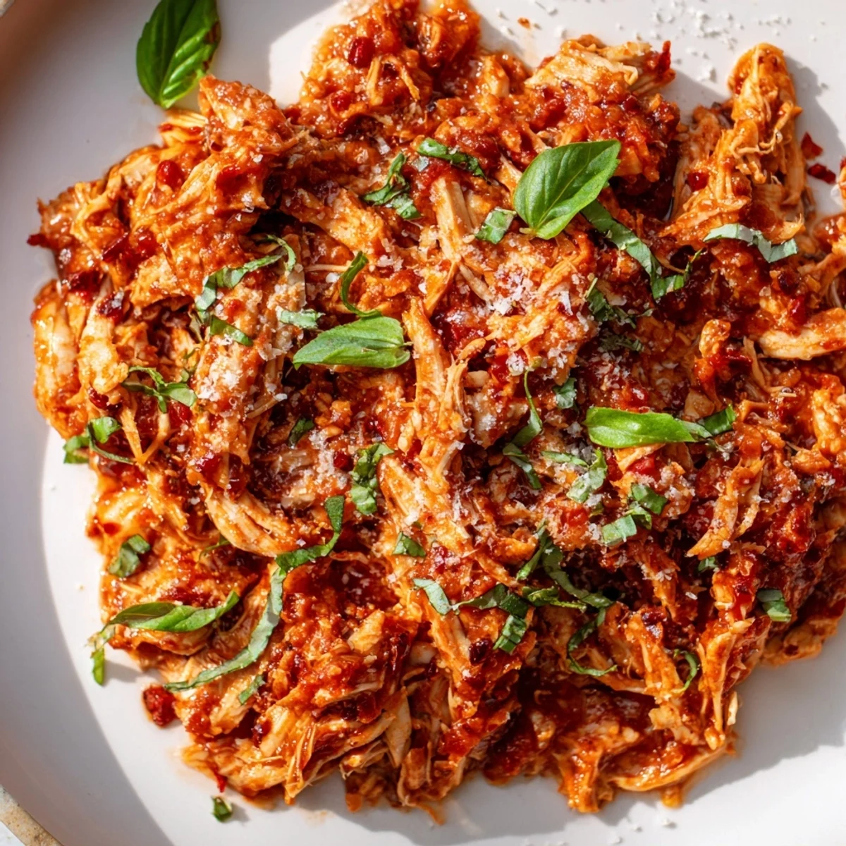 Tender Slow Cooker Tomato Basil Chicken breasts resting in a rich red sauce, garnished with fresh basil and served over creamy polenta.