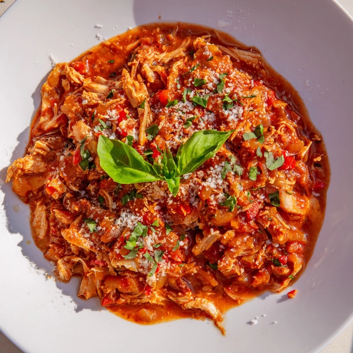 Slow Cooker Tomato Basil Chicken plated alongside crusty bread and a glass of Chianti, perfect for a comforting Italian-inspired dinner.