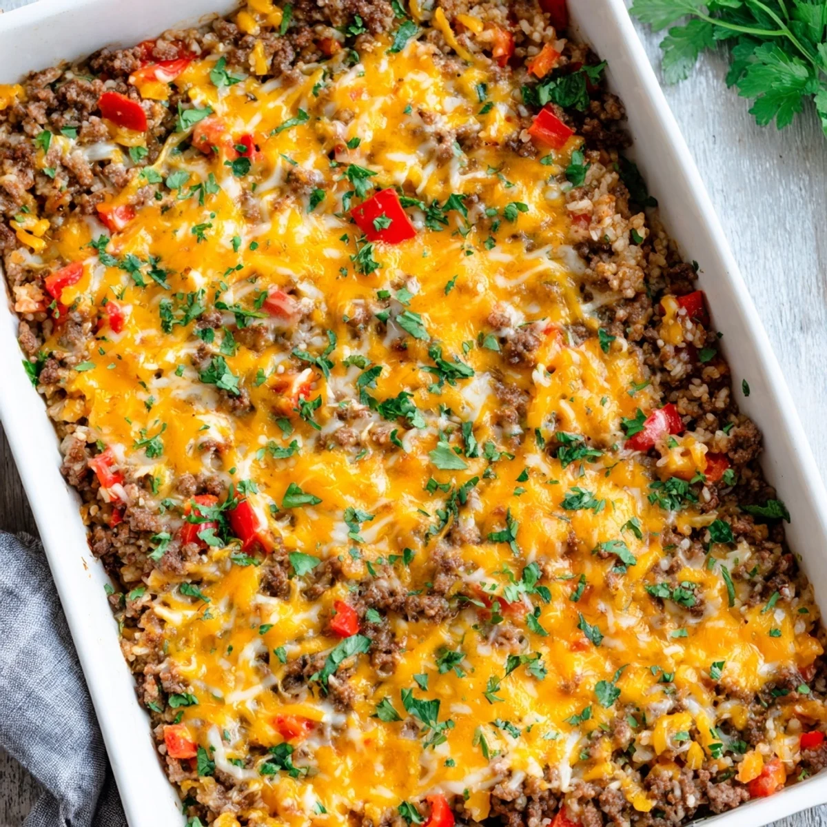 Golden bubbling cheese tops a skillet of Ground Beef Casserole with Cauliflower Rice, garnished with fresh parsley for a comforting low-carb dinner.