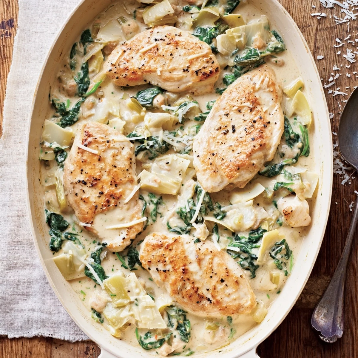 Fresh wilted spinach and chopped artichokes add vibrant color to this baked Spinach Artichoke Chicken with Cottage Cheese.