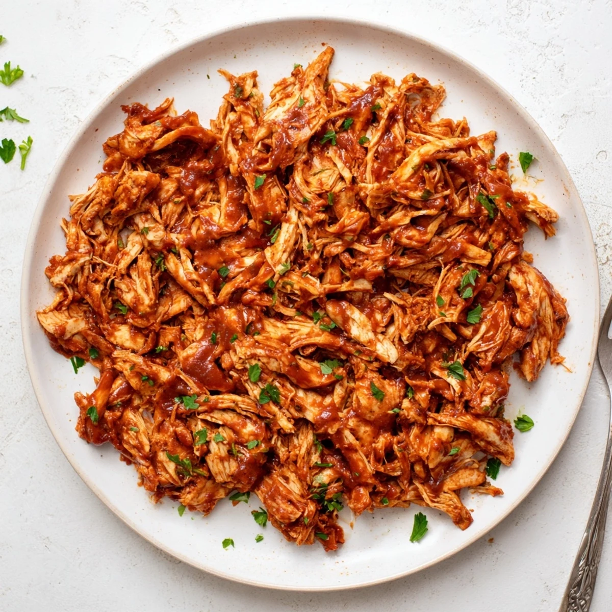 A close-up of saucy, shredded Sweet Baby Rays Crockpot Chicken garnished with fresh parsley.
