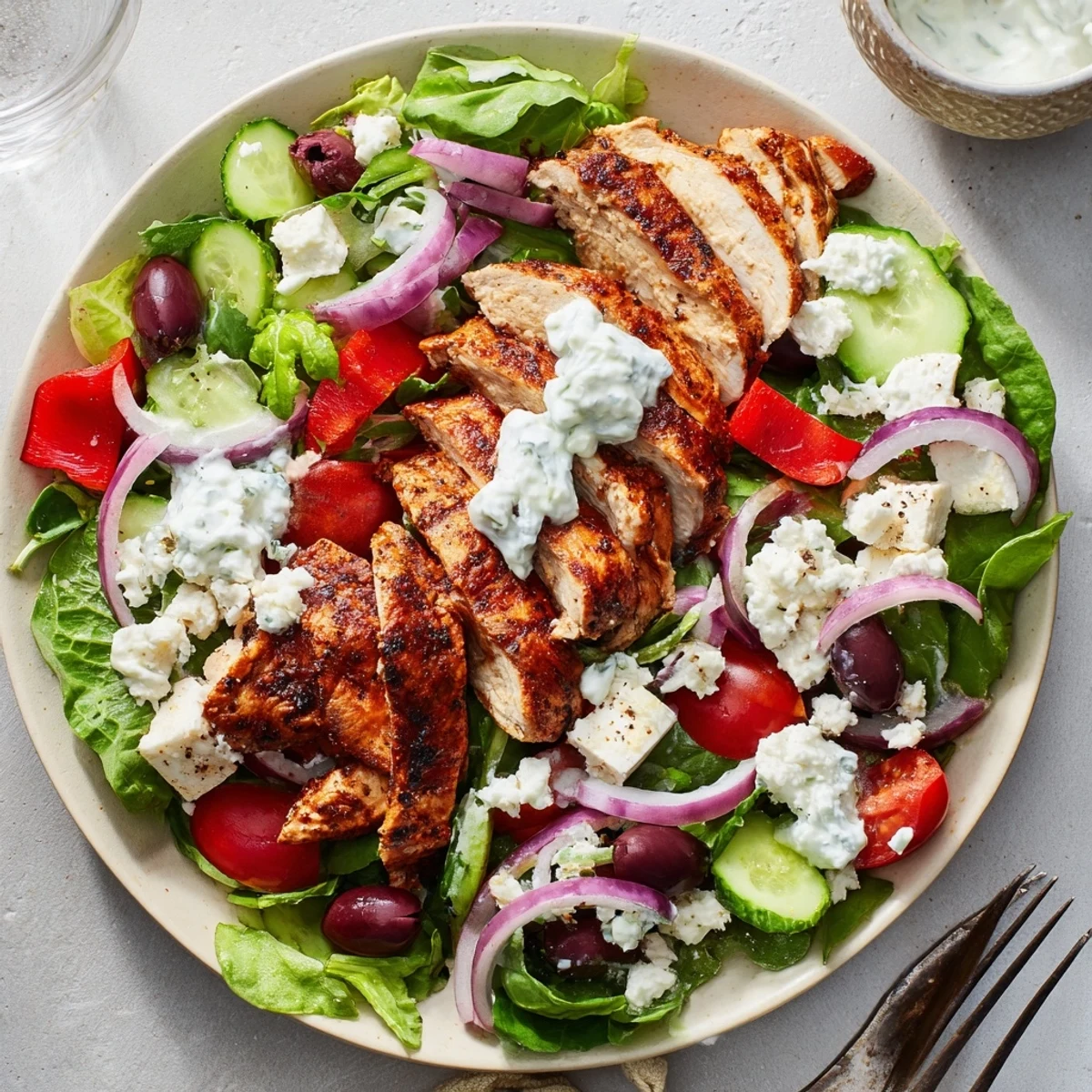 Grilled Tzatziki Chicken Salad arranged on a bed of mixed greens, perfect for summer dinners.