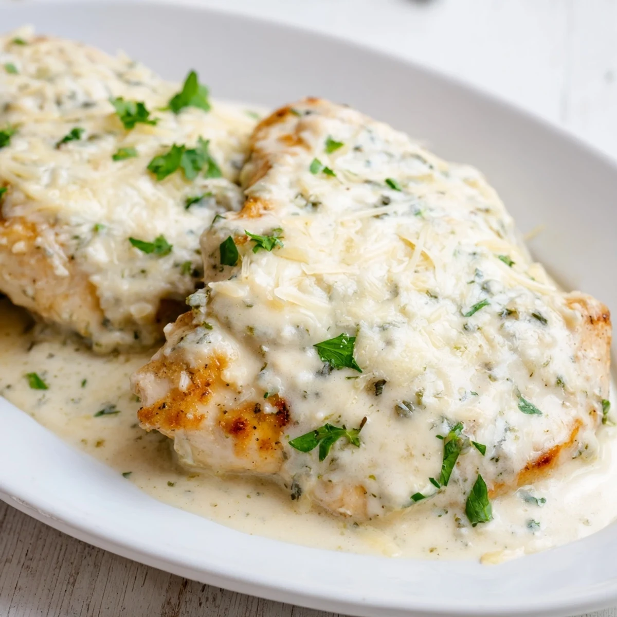 Golden, bubbly Parmesan cheese melts over tender chicken breasts in a creamy Caesar sauce, baked to perfection.