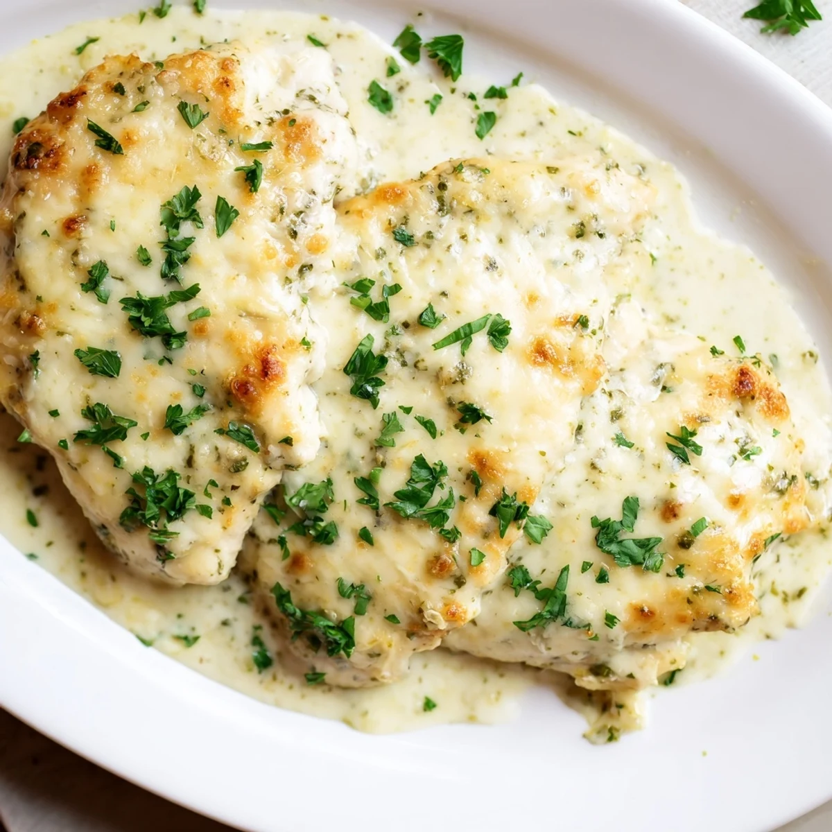 Juicy chicken breasts are smothered in a rich, creamy Caesar and Parmesan sauce, baked until bubbling and golden.