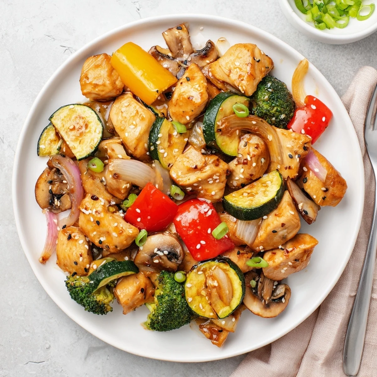 Golden-brown, juicy chicken cubes and vibrant crisp vegetables from the Perfect Easy Air Fryer Hibachi Chicken & Vegetables, glistening with savory sauce in a serving dish.
