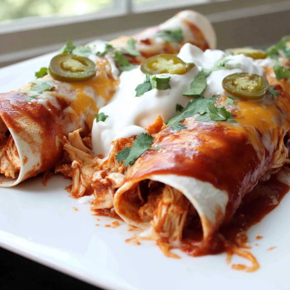 Golden-baked Chicken Enchiladas topped with cilantro, melted cheese, and jalapeños in a rich red sauce.