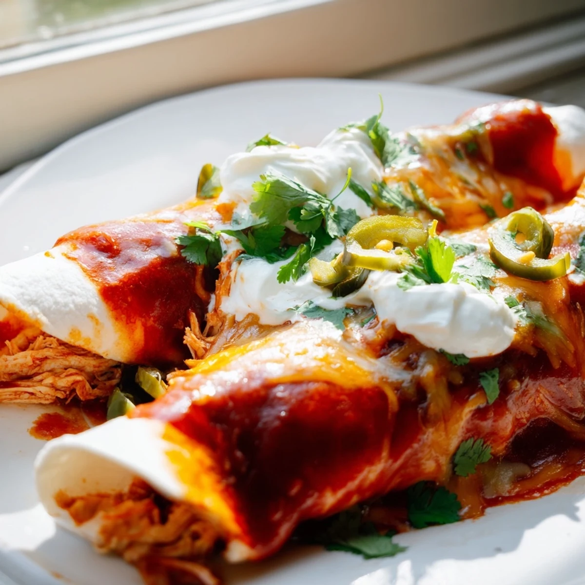 Steaming Chicken Enchiladas with tender shredded chicken and melted cheese on a baking dish.