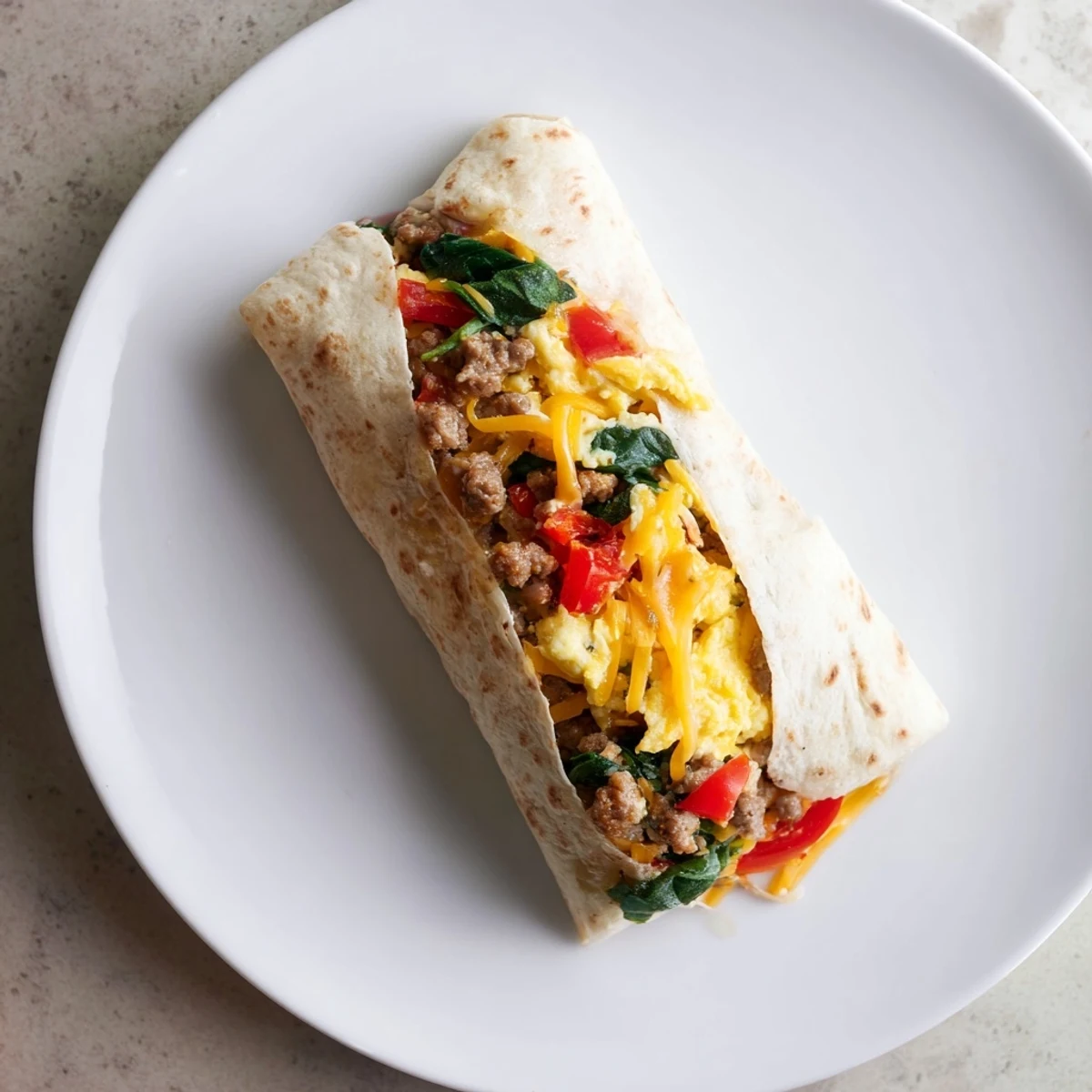 Close-up of a sliced Make-Ahead Breakfast Burritos revealing a hearty interior of eggs, spinach, and melted cheese.