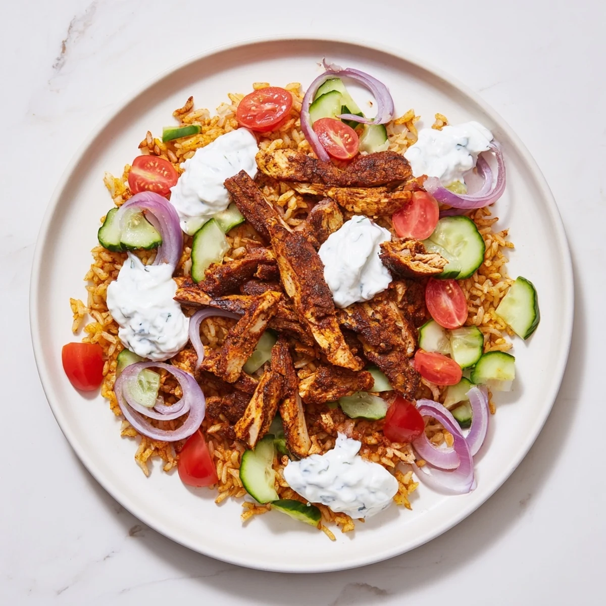 Hearty Chicken Shawarma Crispy Rice Salad served with Greek yogurt drizzle. 