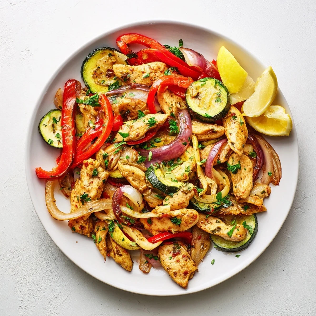Brightly colored Mediterranean Chicken Stir Fry with sautéed zucchini and red bell peppers served in a skillet.