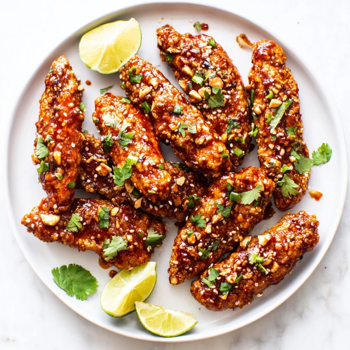 Crispy Thai Sticky Chicken Fingers glazed in a glossy, sweet and spicy sauce garnished with fresh cilantro and sesame seeds