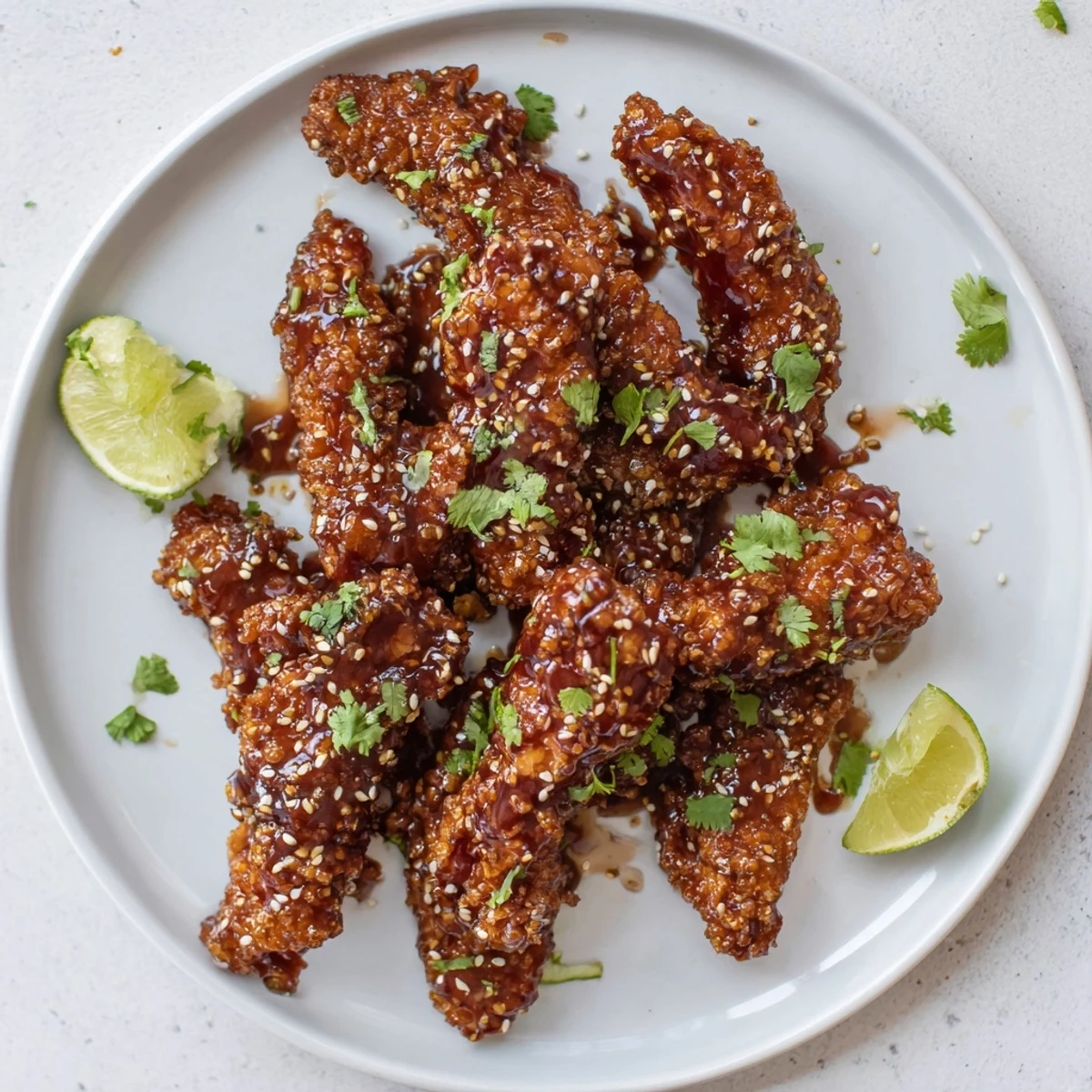 Golden baked Thai Sticky Chicken Fingers arranged on a platter with lime wedges and toasted sesame seeds for a game day appetizer