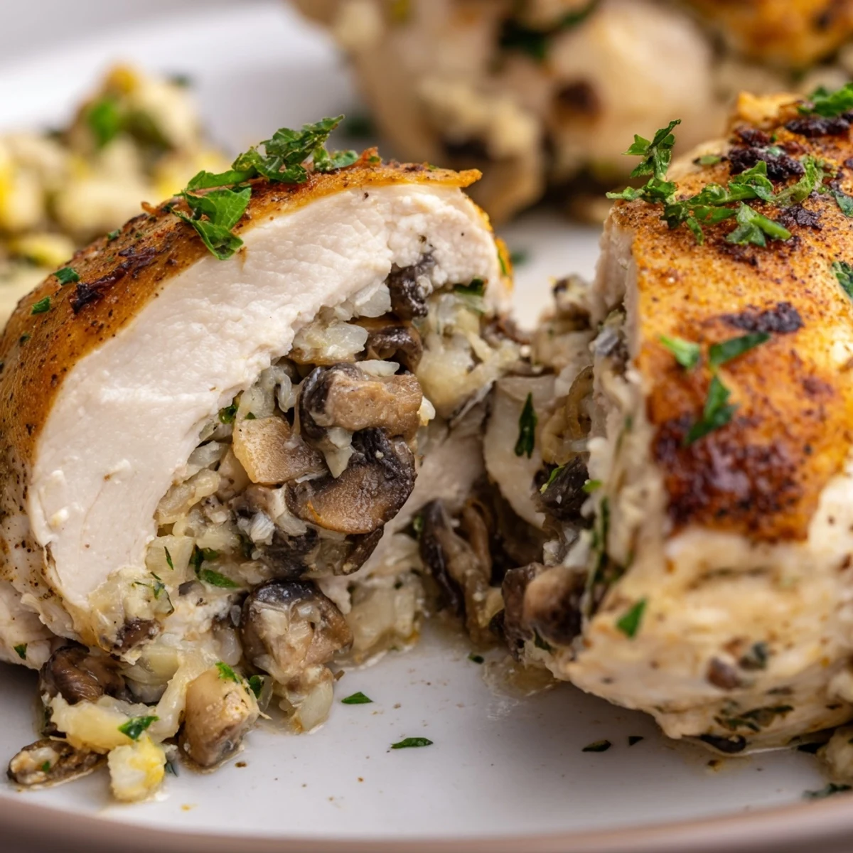 Freshly baked Flavorful Mushroom Stuffed Chicken Breast sliced to reveal a savory mushroom and cheese filling inside.