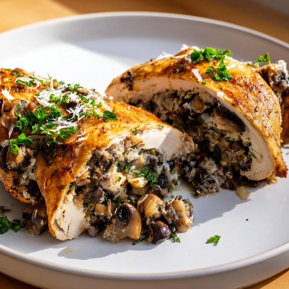 Juicy Flavorful Mushroom Stuffed Chicken Breast served with roasted vegetables and a drizzle of pan sauce.