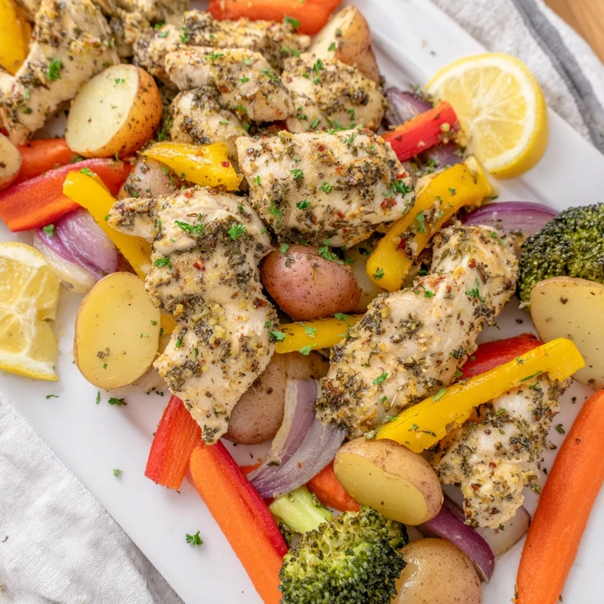 Golden roasted chicken breasts and vibrant vegetables on a sheet pan, drizzled with zesty lemon herb sauce and ready to serve.