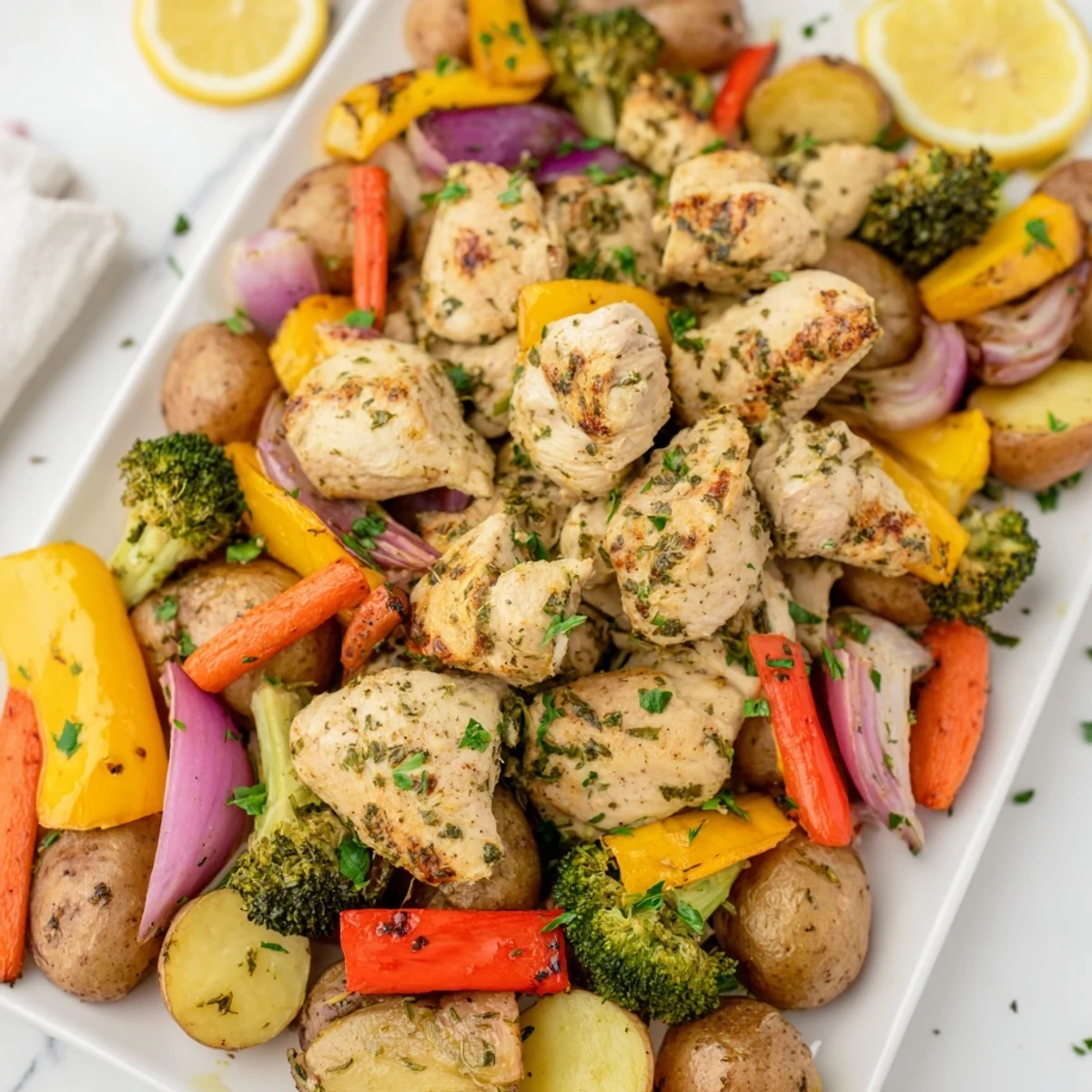 Colorful baked vegetables and juicy chicken rest on a sheet pan, accompanied by bright lemon wedges for a fresh finish.
