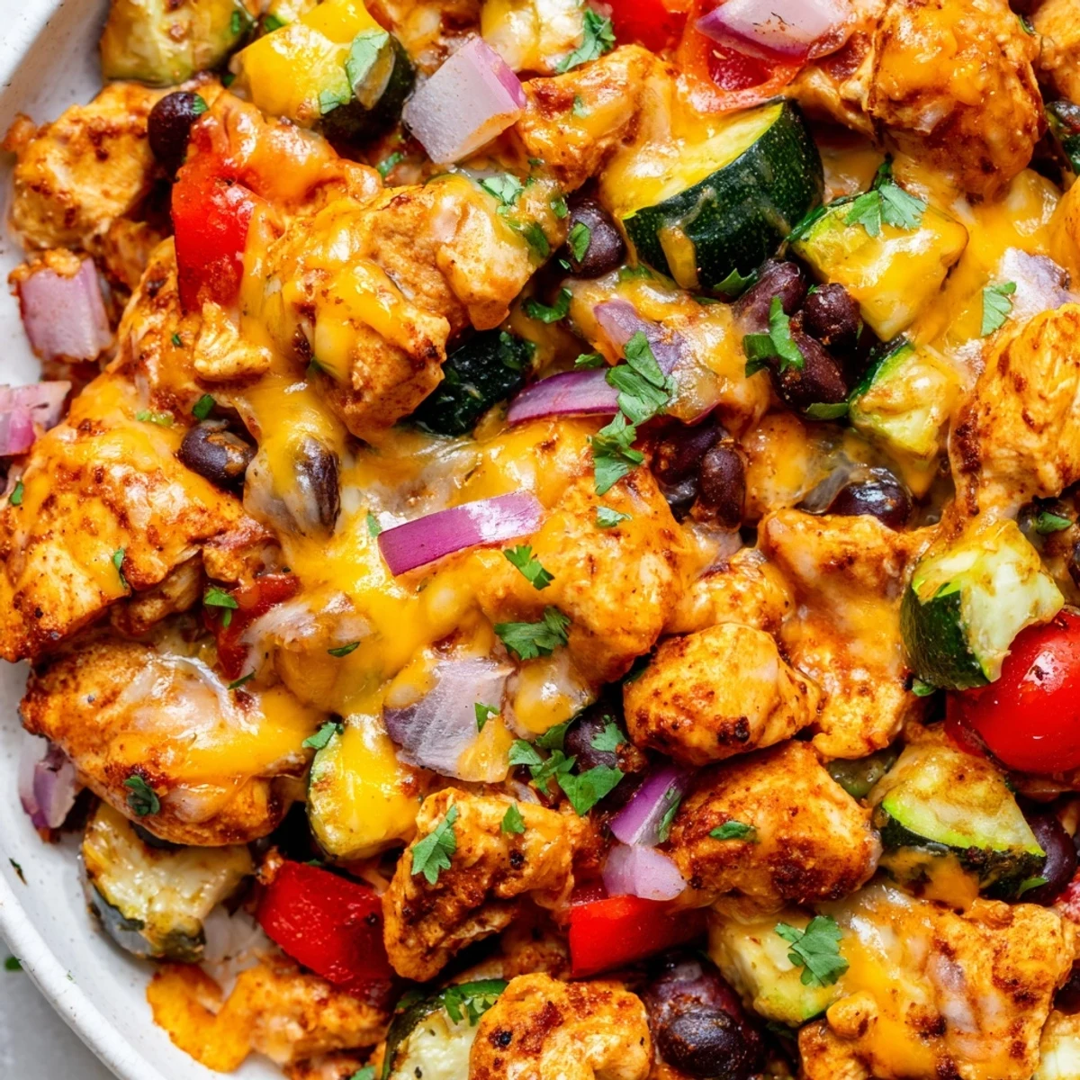 A close-up of Tex Mex Chicken and Zucchini sizzling in a skillet, garnished with fresh cilantro and melted cheese.