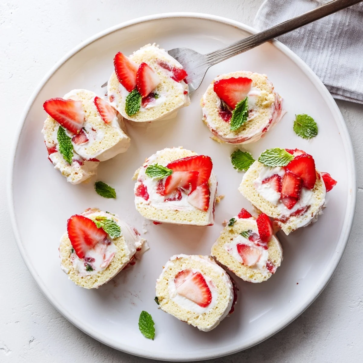 Playful dessert sushi rolls displaying fluffy vanilla cake sweet strawberries and cream filling cut into rounds