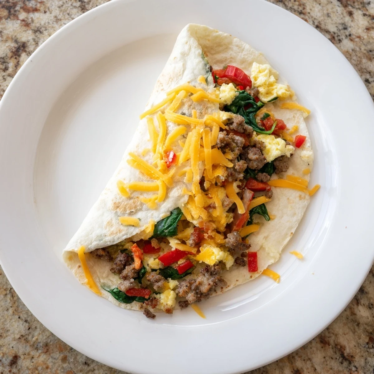 Plate of make-ahead breakfast burritos filled with savory egg sausage mixture and shredded cheese perfectly rolled