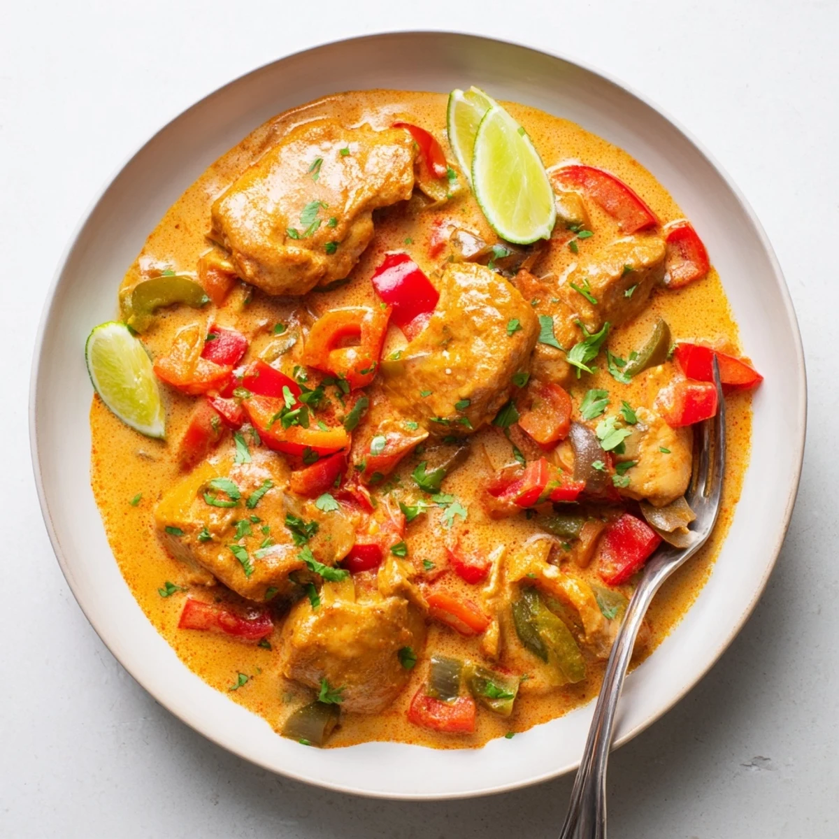 Golden chicken thighs simmered in creamy spicy Brazilian coconut sauce with colorful bell peppers