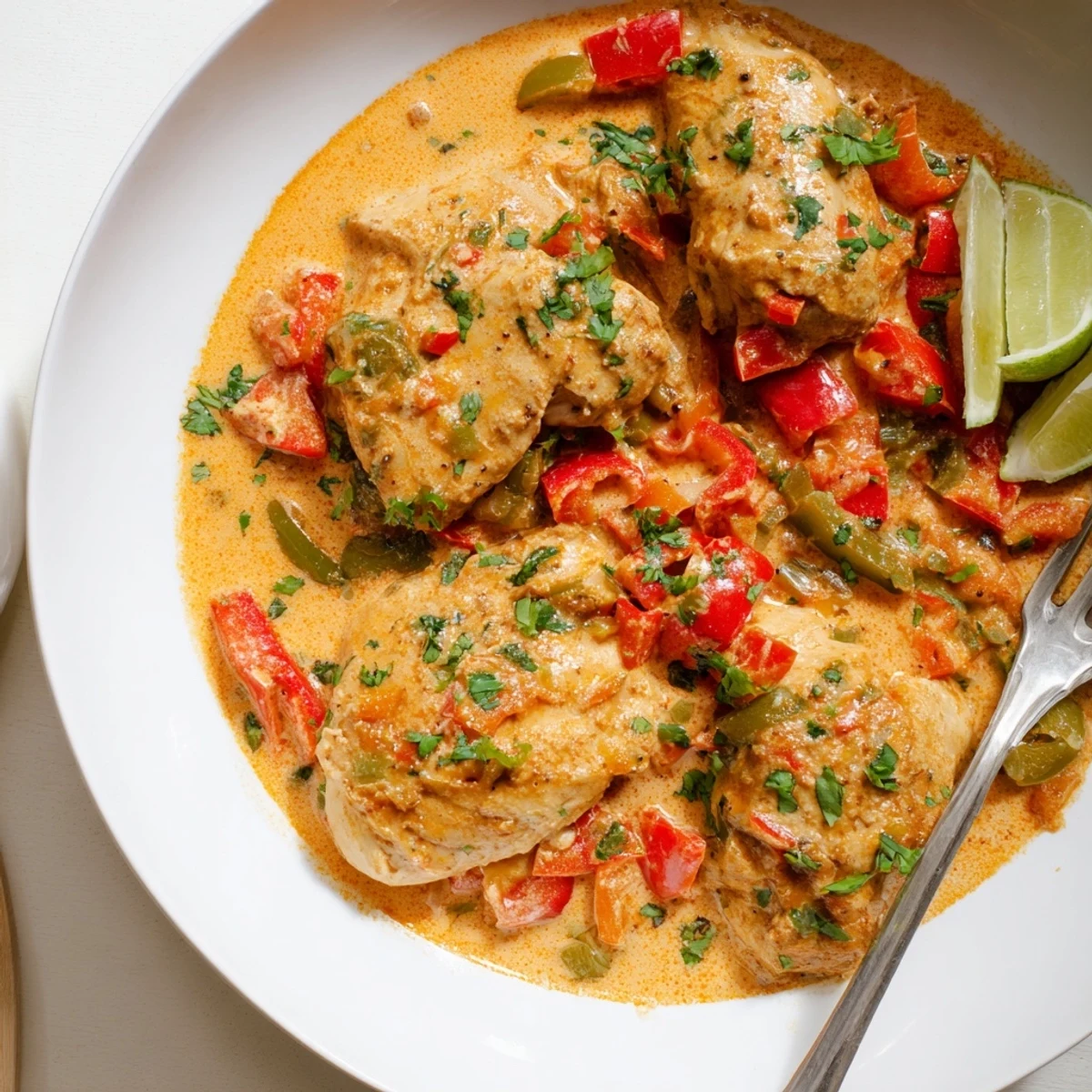 Tender Brazilian coconut chicken pieces swimming in rich red coconut milk sauce dotted with herbs