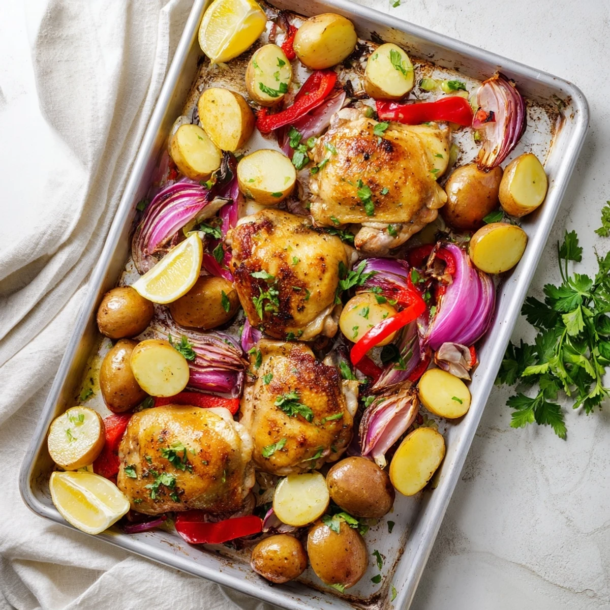 Mouthwatering sheet pan chicken and potatoes featuring perfectly roasted vegetables and aromatic herbs on a single tray