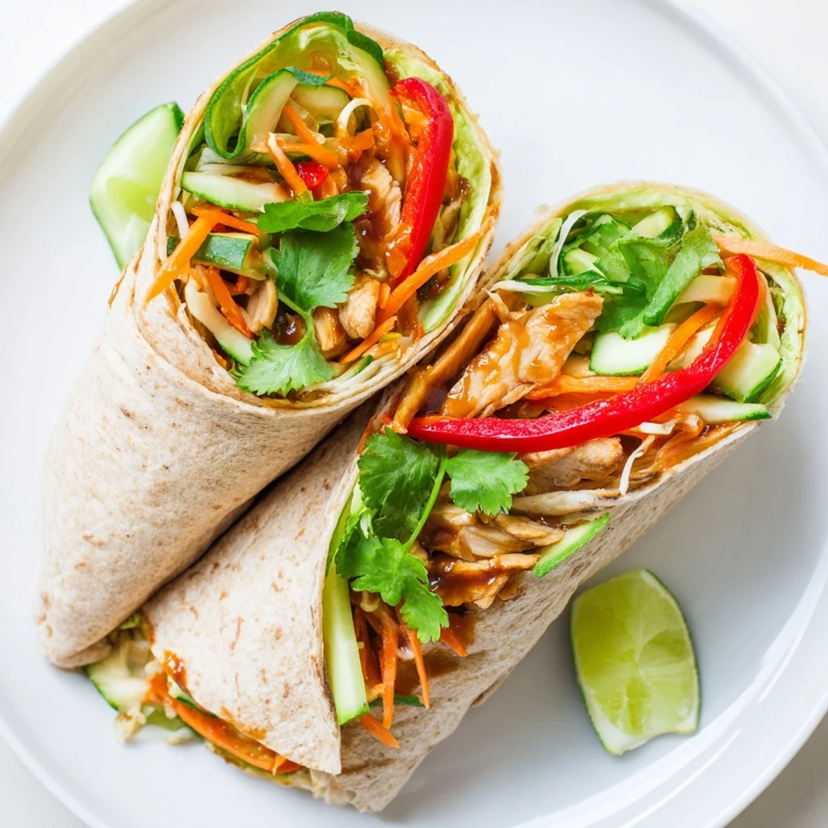 Homemade sweet chili chicken wraps featuring tender meat, julienned carrots, and bell pepper slices