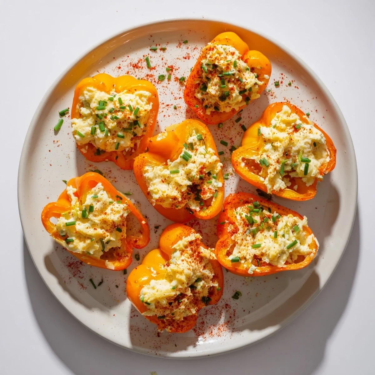 Golden air fryer cream cheese stuffed mini peppers arranged on a white serving platter with fresh parsley garnish