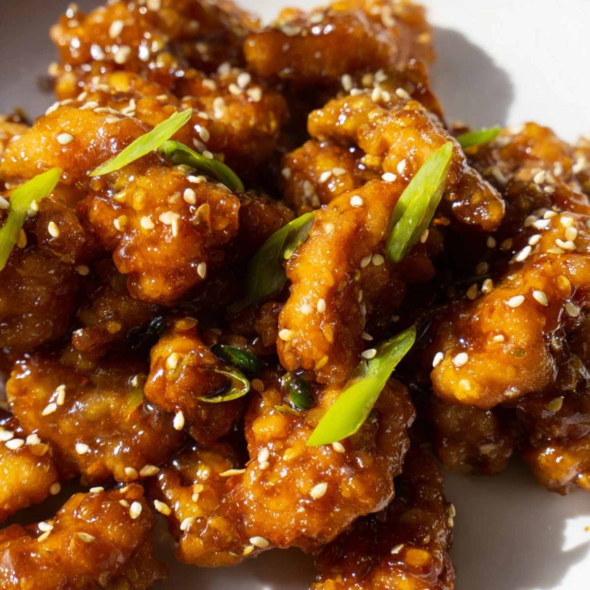 Golden brown Mongolian chicken pieces coated in glossy brown sugar soy sauce with sesame seeds