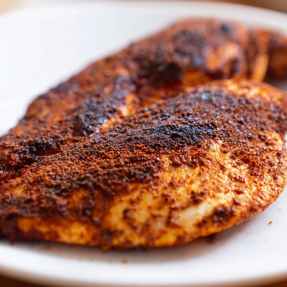 Golden brown blackened chicken breast with dark spicy crust on white plate