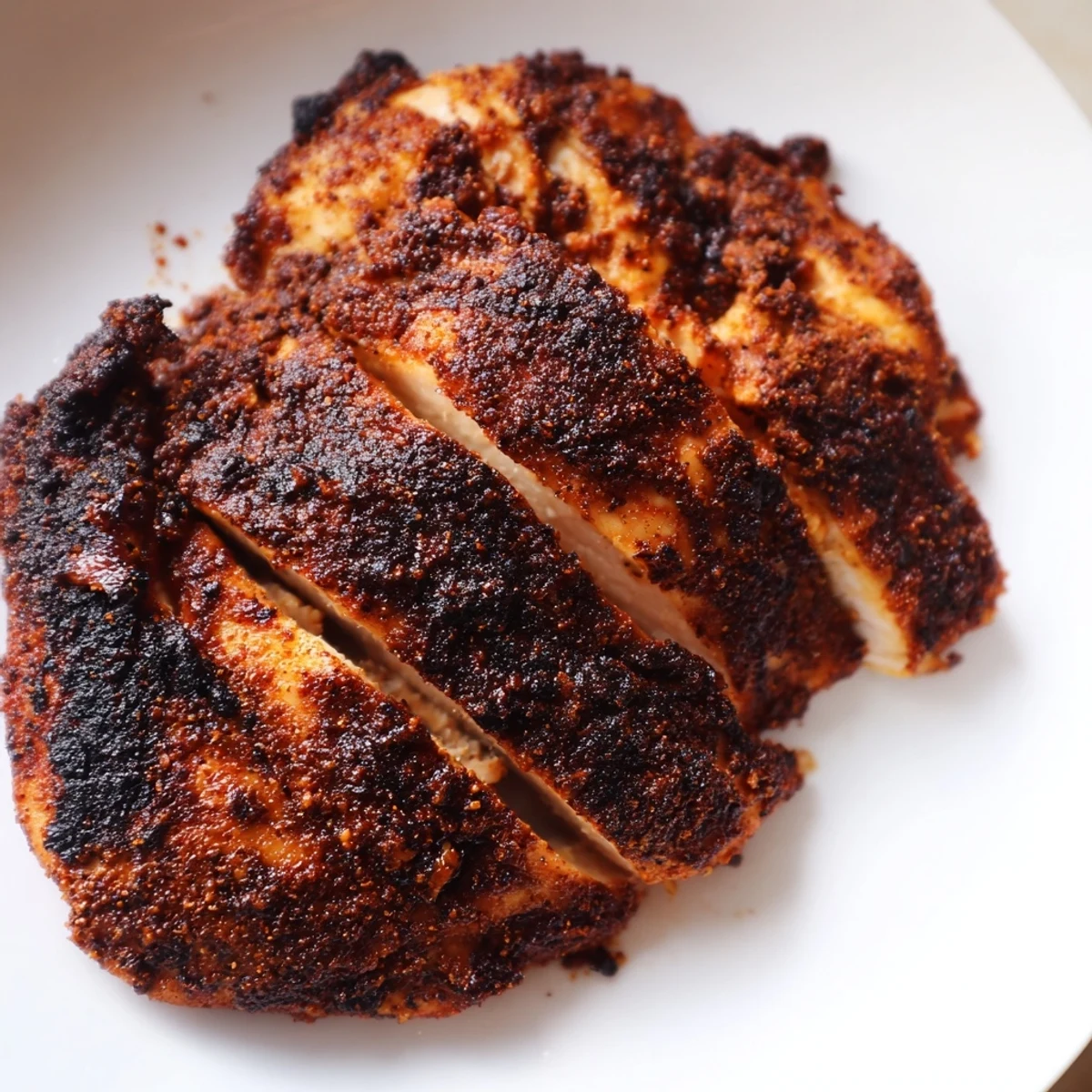 Sizzling cast iron blackened chicken with smoky charred edges and vibrant lemon garnish