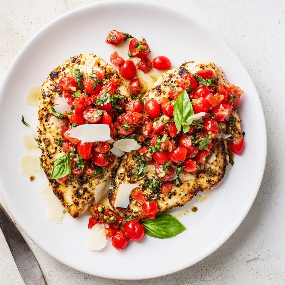 Golden grilled Bruschetta Chicken topped with colorful diced tomatoes and fresh basil garnish