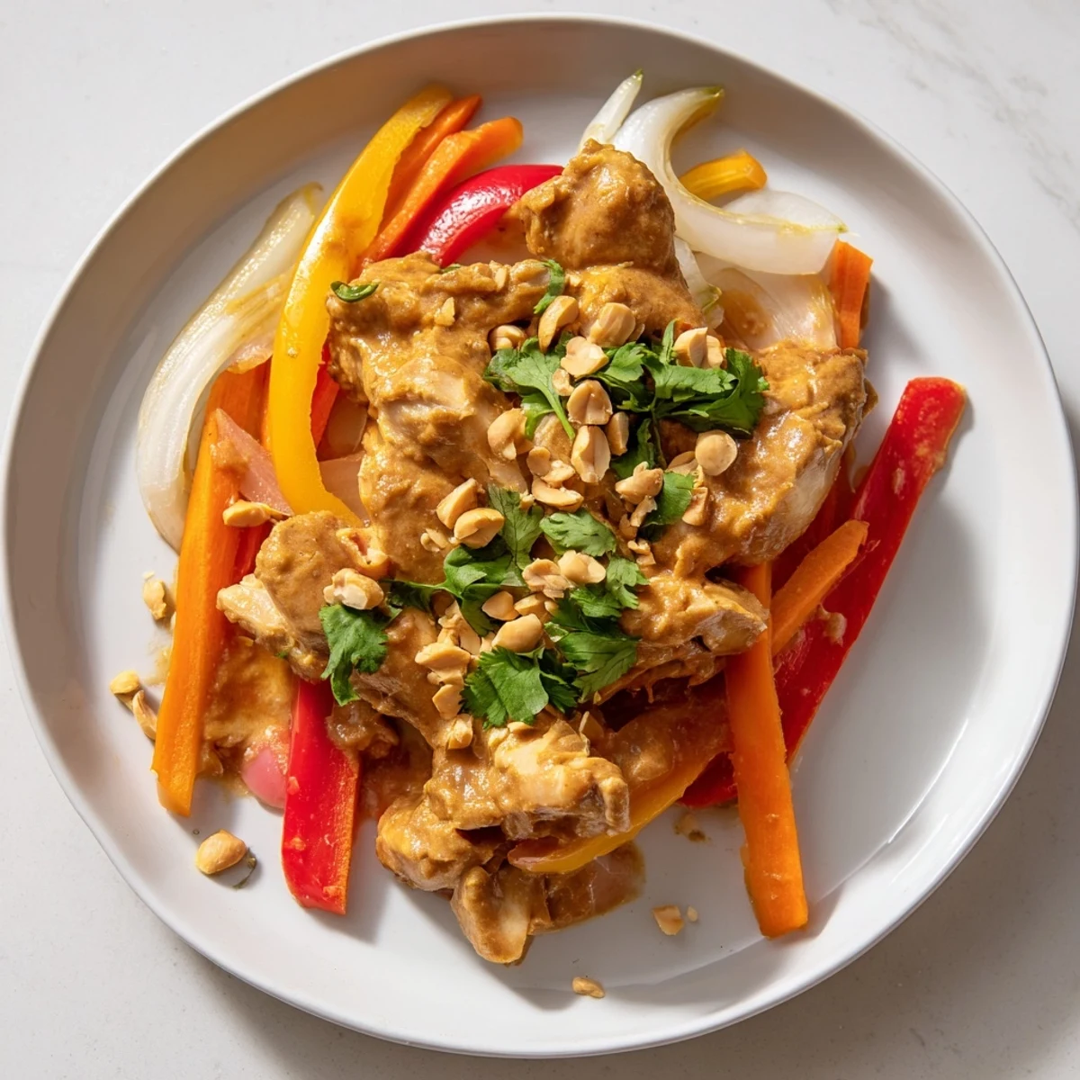 Tender slow cooker peanut chicken with colorful vegetables in creamy savory sauce garnished with peanuts