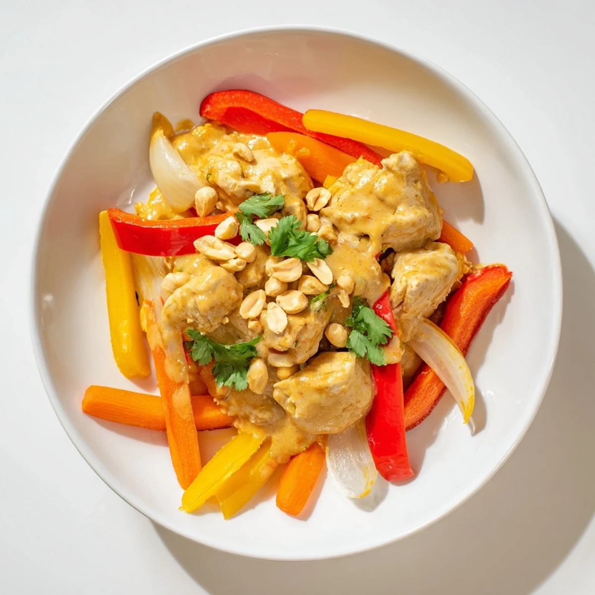 Savory slow cooker peanut chicken served over steamed rice with roasted peanut topping and lime