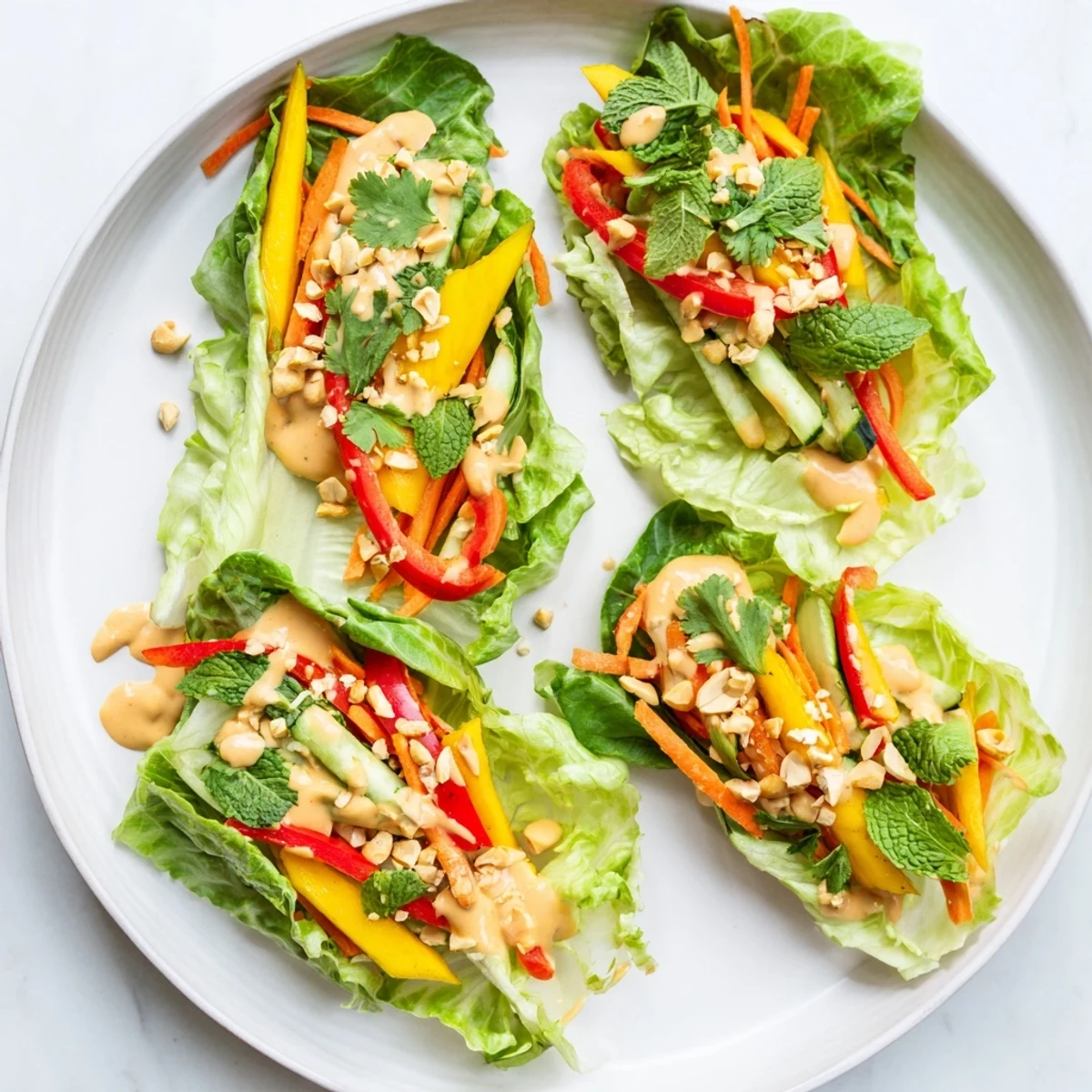 Vibrant cabbage wraps showcasing sweet mango strips and crisp veggies topped with tangy peanut dressing