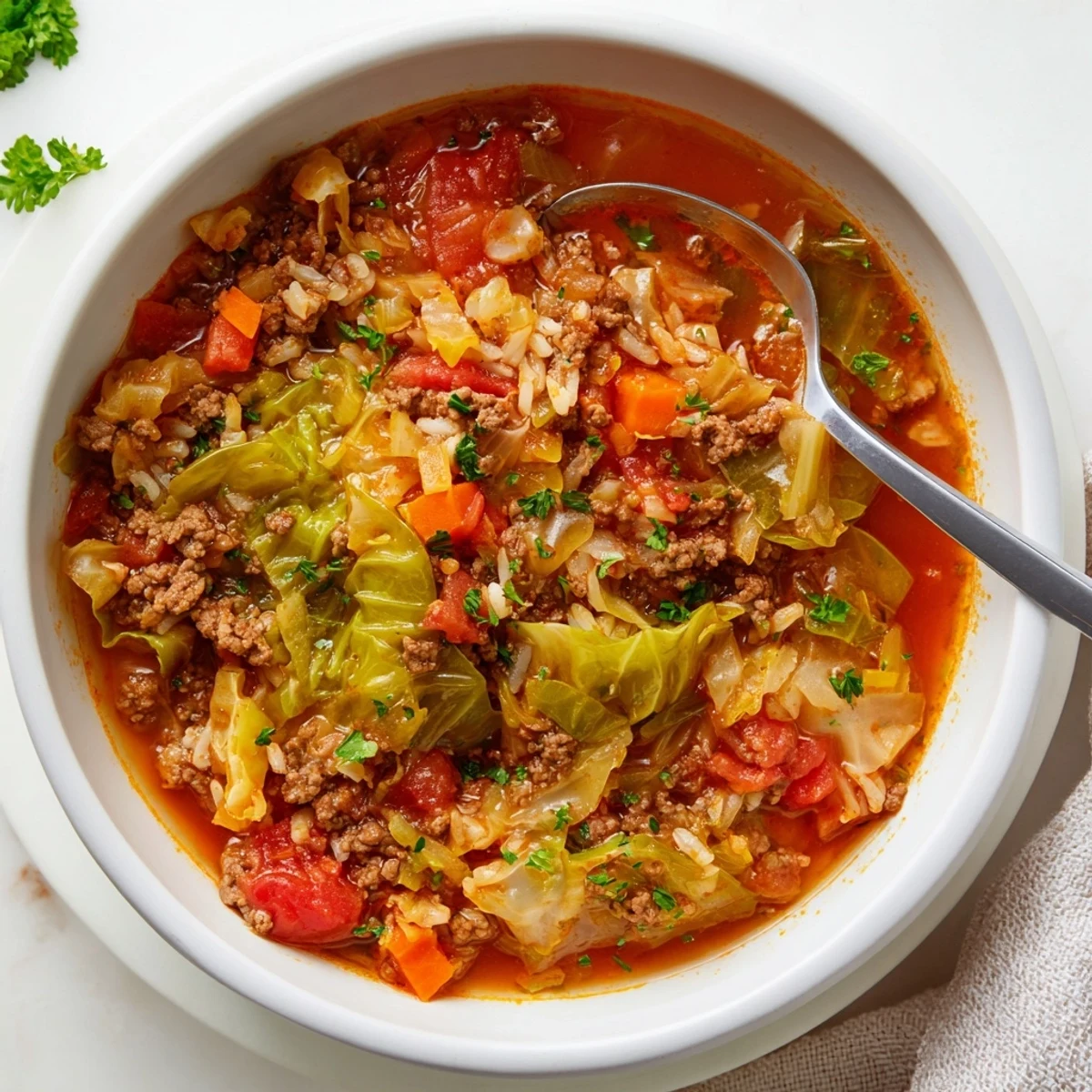Close-up of unstuffed cabbage roll soup with ground beef vegetables and fluffy rice in bowl